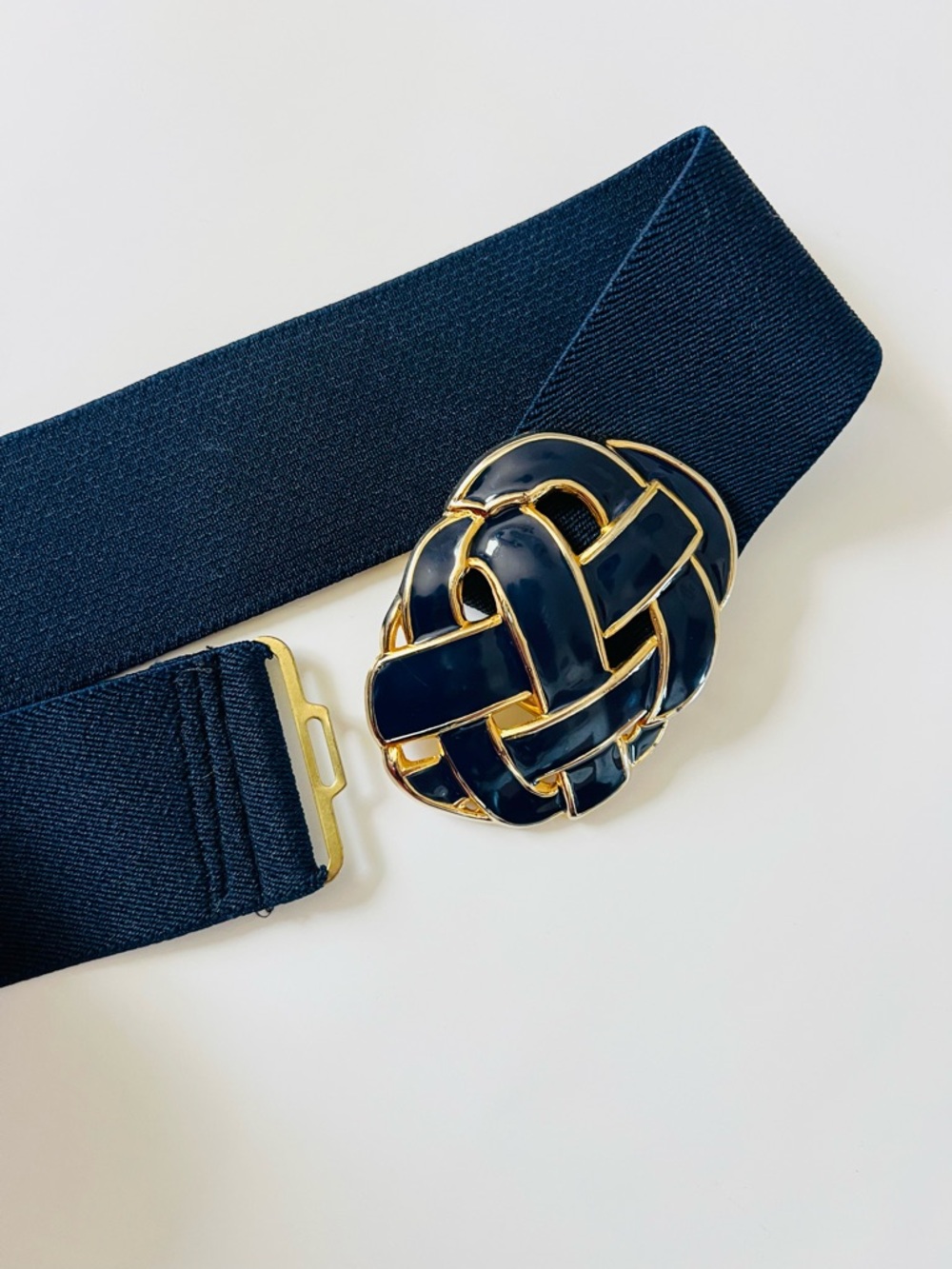 Vintage Navy Elastic Waist Belt Gold & Enamel Knot Buckle 90’s Statement 27”